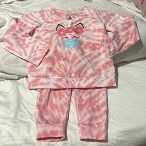 Btween 6 pink white tye dye sweatsuit unicorn glitter facemask worn once euc